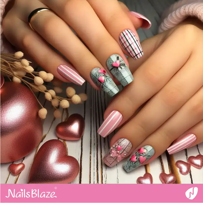 Striped Nails with Heart Design for Valentine | Valentine Nails - NB2327